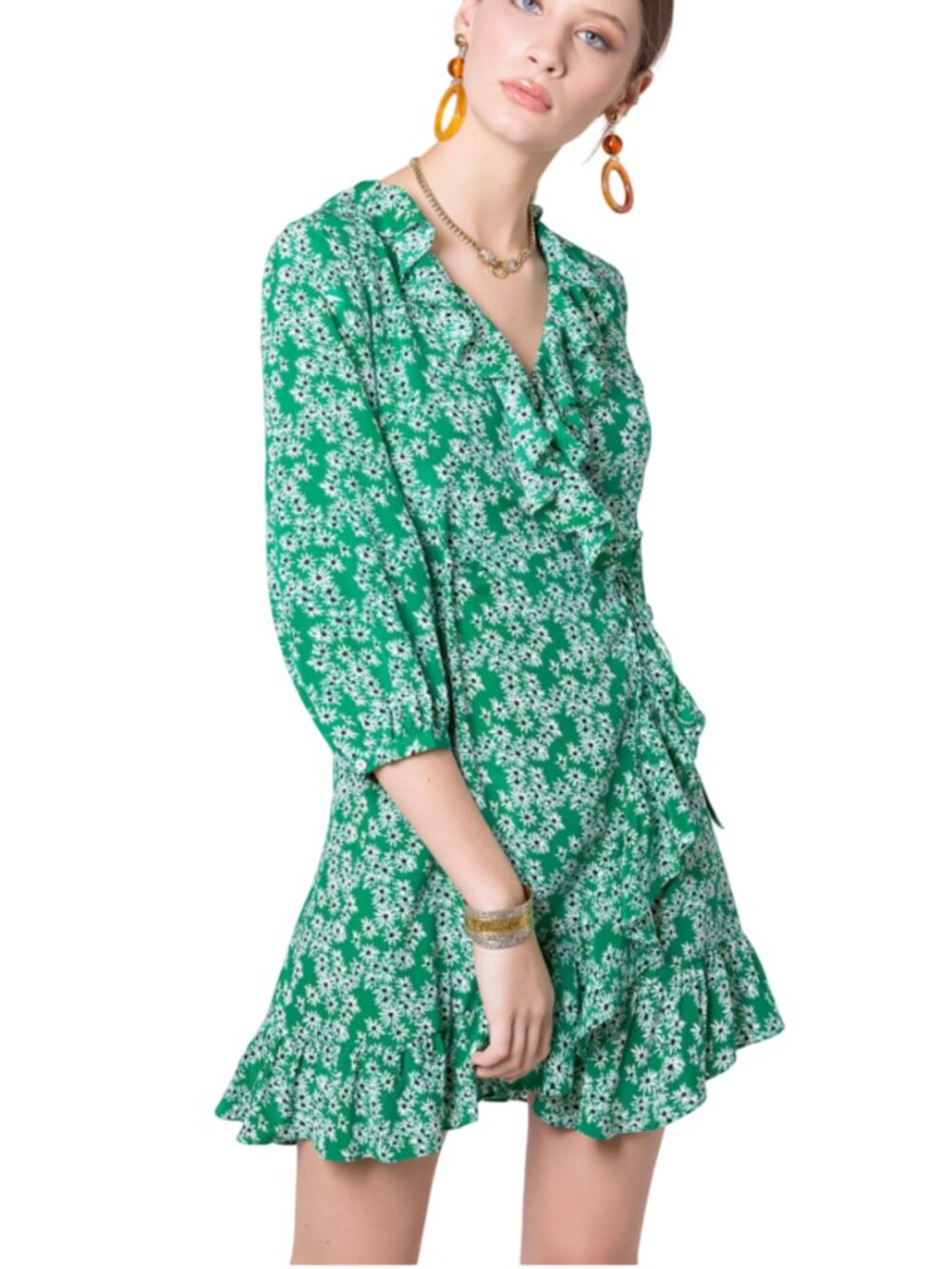 RIXO London Abigail Ruffled Wrap Mini Dress size XL L green floral silk